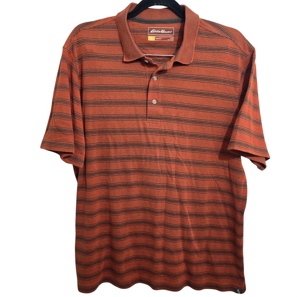 Eddie Bauer‎ Travex Mens Large Polo Shirt Orange Striped Short Sleeve Hiking Top